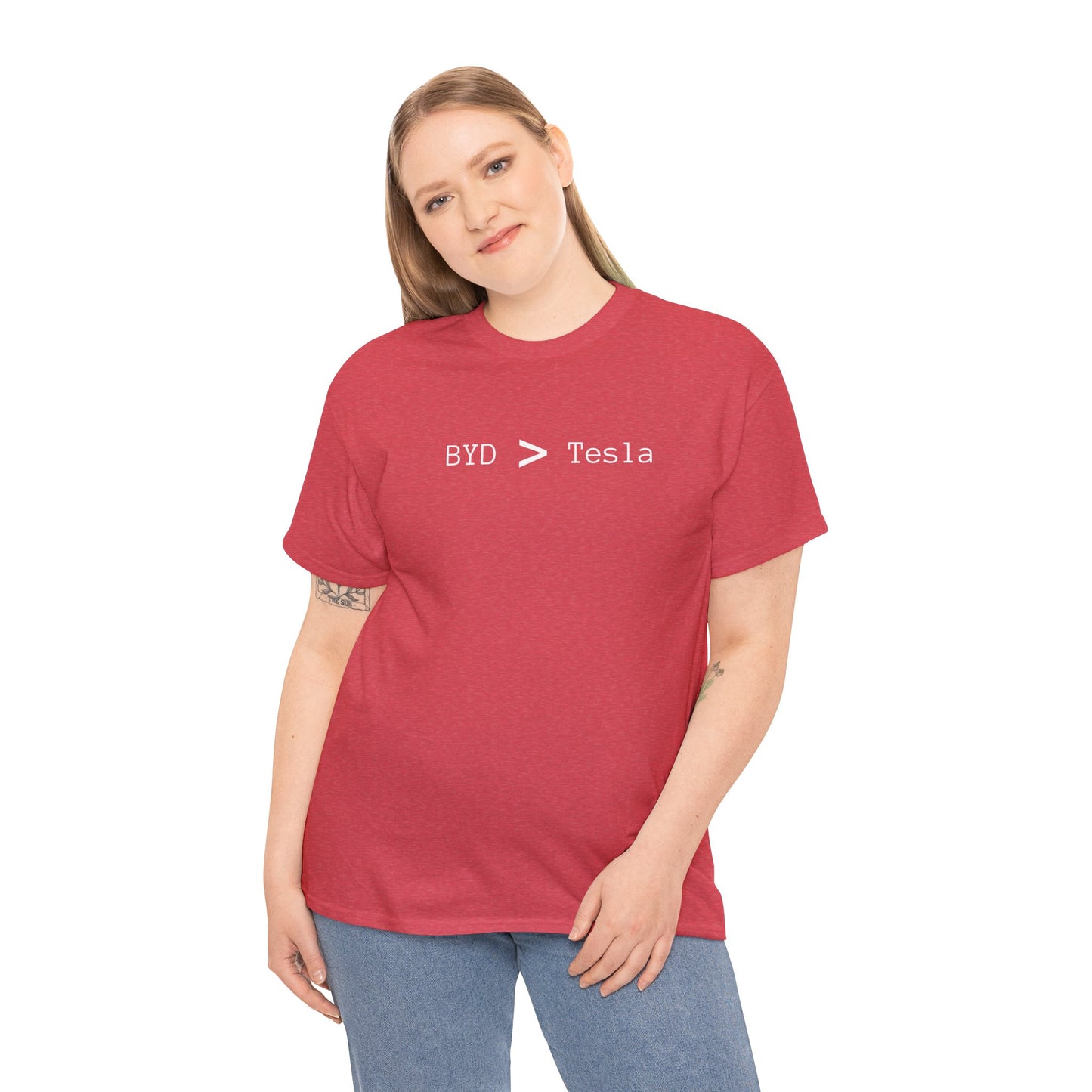 BYD > Tesla - Unisex Heavy Cotton T-Shirt