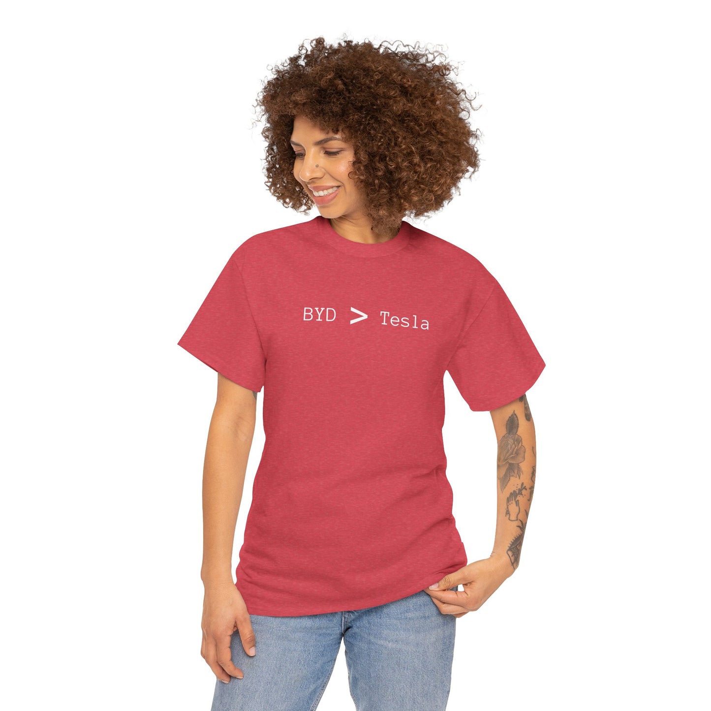 BYD > Tesla - Unisex Heavy Cotton T-Shirt