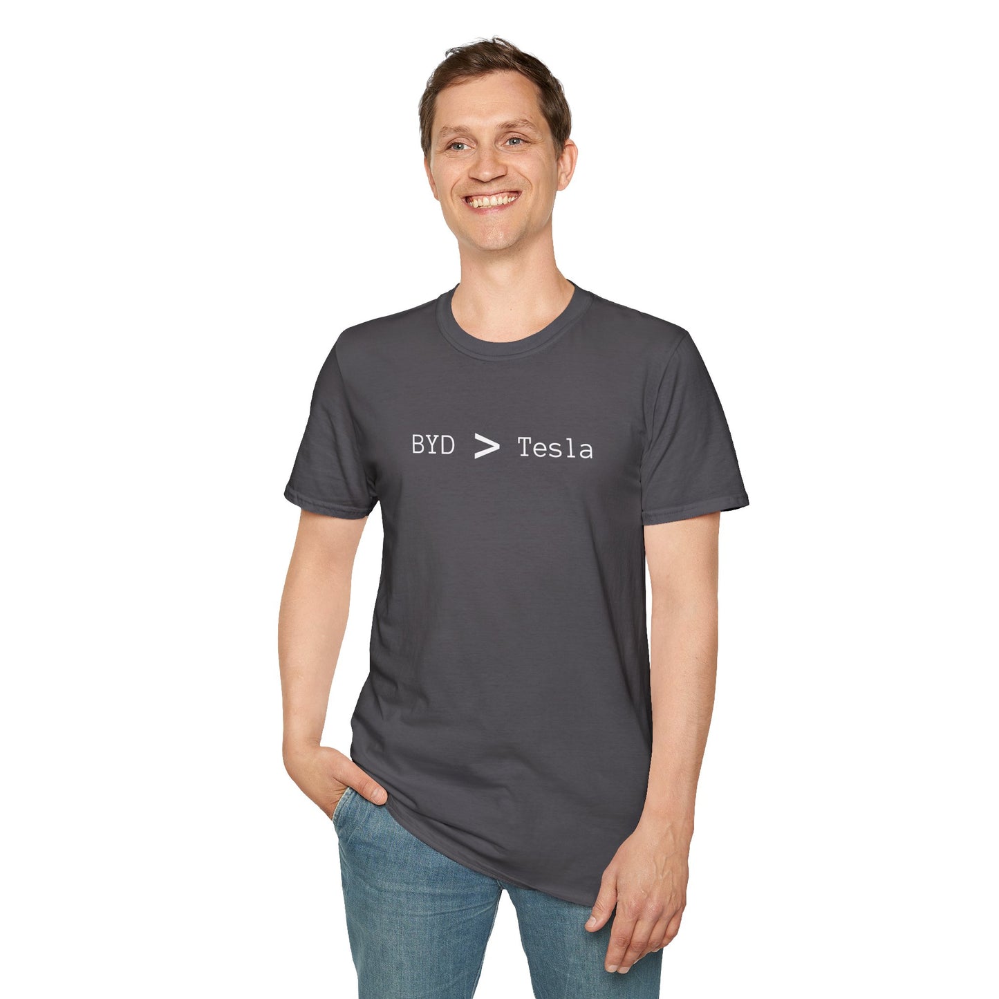 BYD > Tesla - Unisex Softstyle T-Shirt