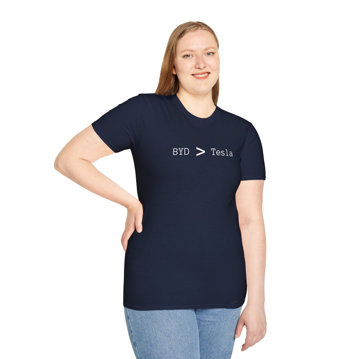 BYD > Tesla - Unisex Softstyle T-Shirt